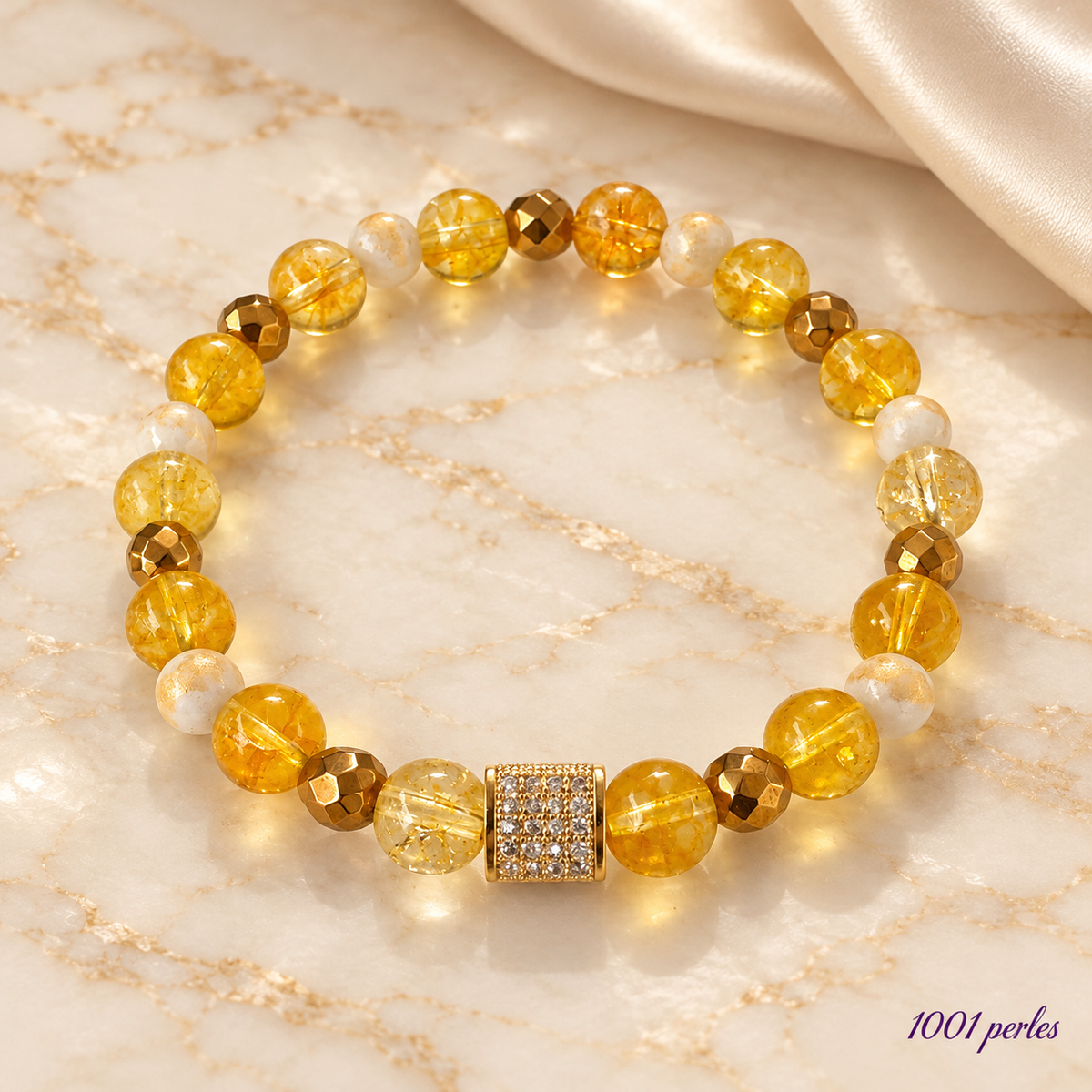 Bracelet Citrine et agate blanche sur marbre ivoire et satin, signature 1001 perles
