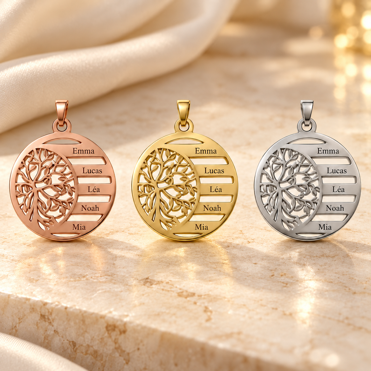 Collier arbre de vie en or rose, or et argent sur un décor raffiné