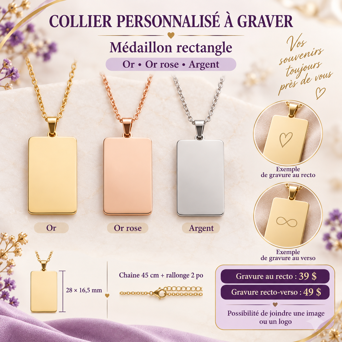 Collier personnalisé à graver – médaillon rectangle