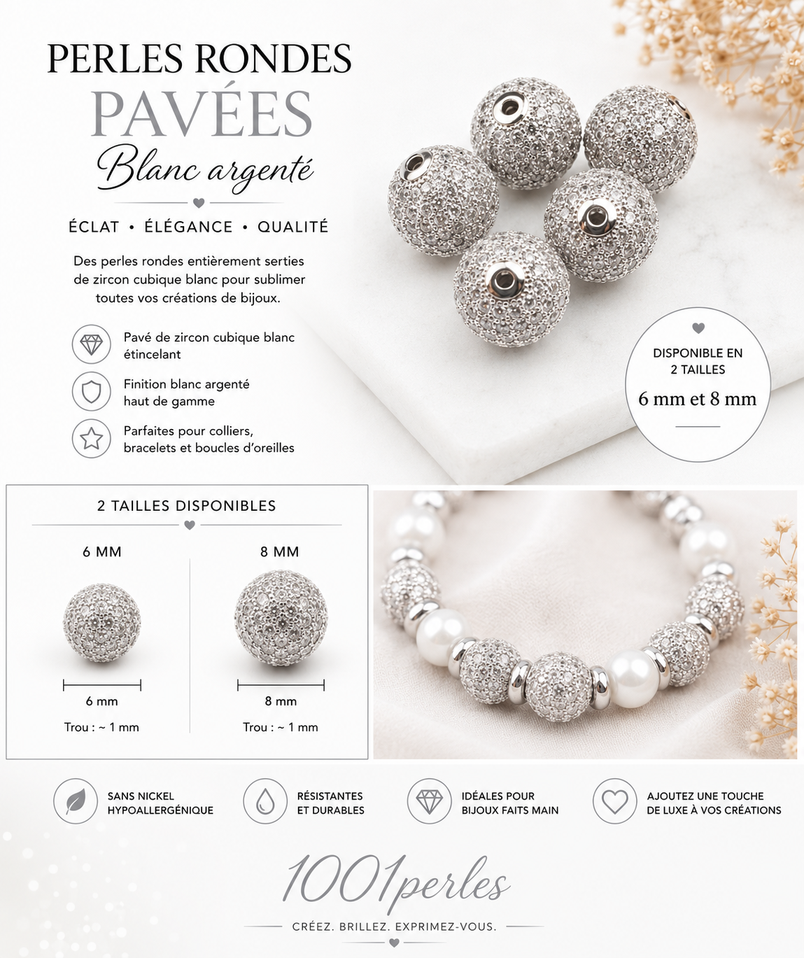 Perles rondes pavées blanc argent. Lot de 2