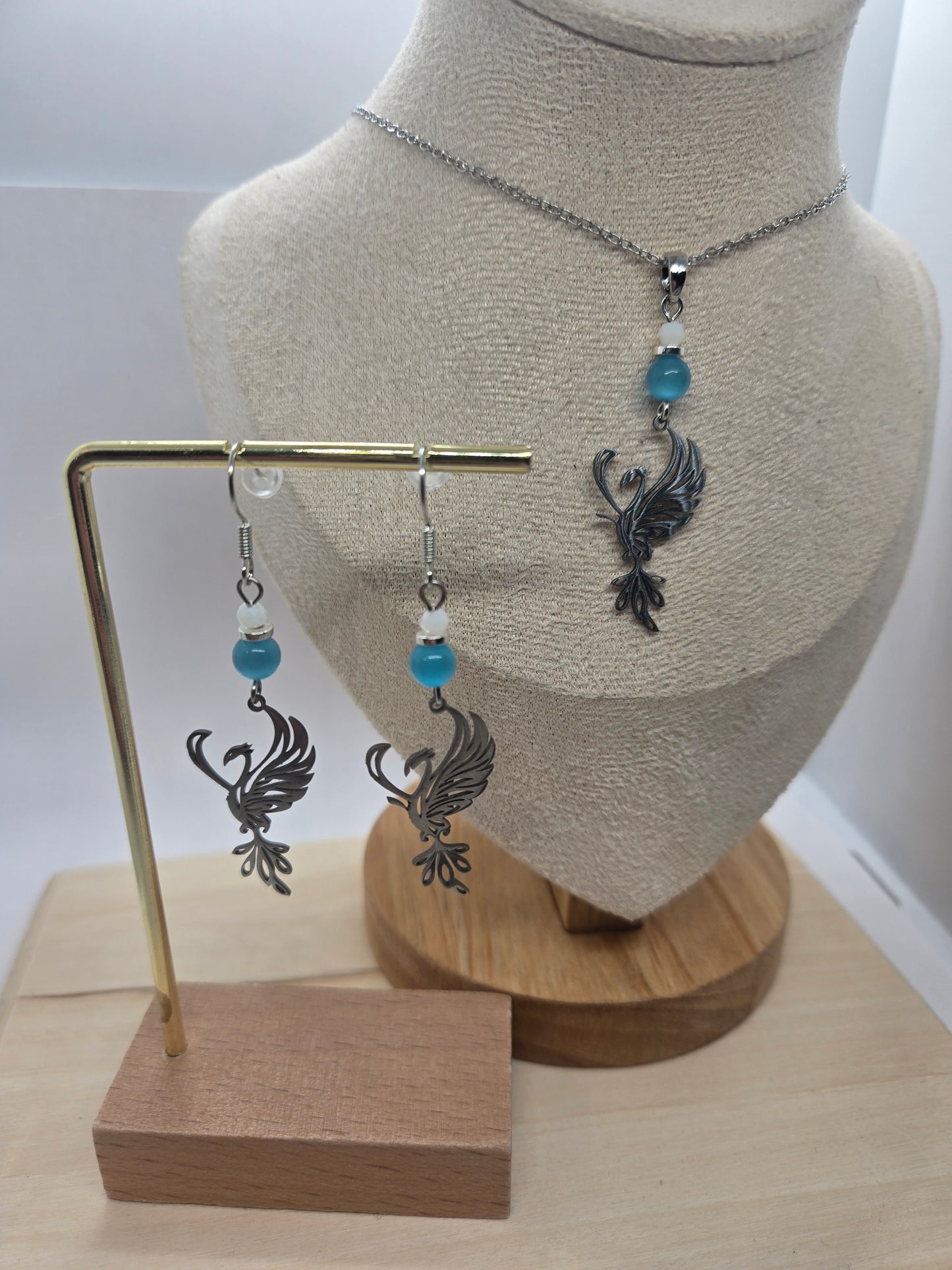 Ensemble collier et boucles d'oreilles oiseaux de feu