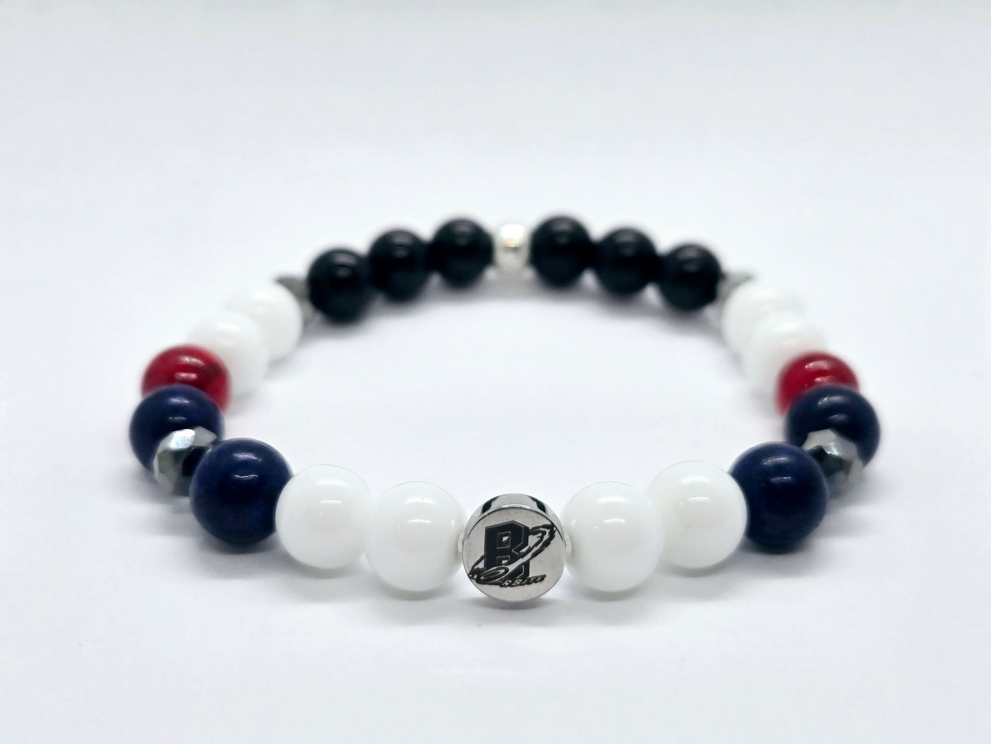 Bracelet S Orbite : "Bracelet pierres naturelles 6mm logo Orbite Boucherville, artisanal québécois"