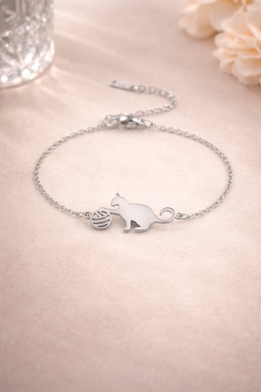 Bracelet chat argenté en acier inoxydable 