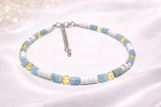 Bracelet de cheville en pierres naturelles – Citrine, howlite et aigue-marine
Fabriquer au Québec 
