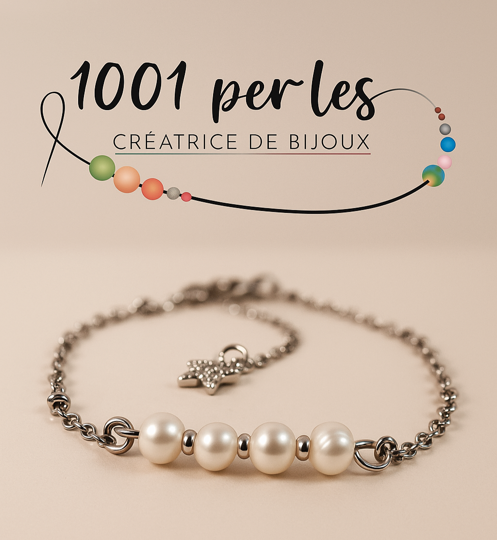 Bracelet Perles d'Eau Douce
Image principale : "Bracelet en perles d'eau douce blanches avec chaîne ajustable en acier inoxydable doré"
Vue portée : "Femme portant un bracelet délicat en perles d'eau douce blanches et or"
Détail : "Gros plan sur perles d'eau douce naturelles blanches et fermoir ajustable"