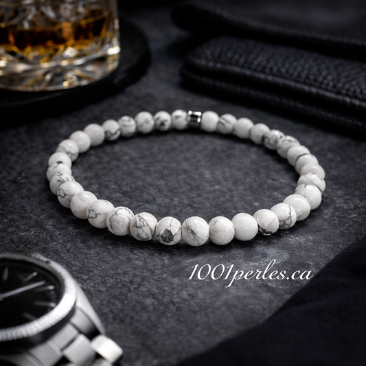 Bracelet homme en howlite blanche – perles 6 mm