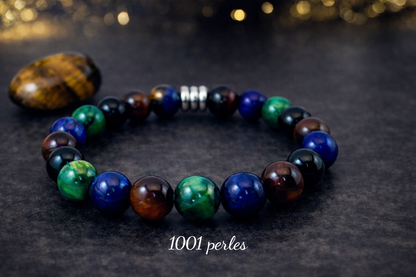 Bracelet homme en œil de tigre bleu, marron et vert – perles 10 mm