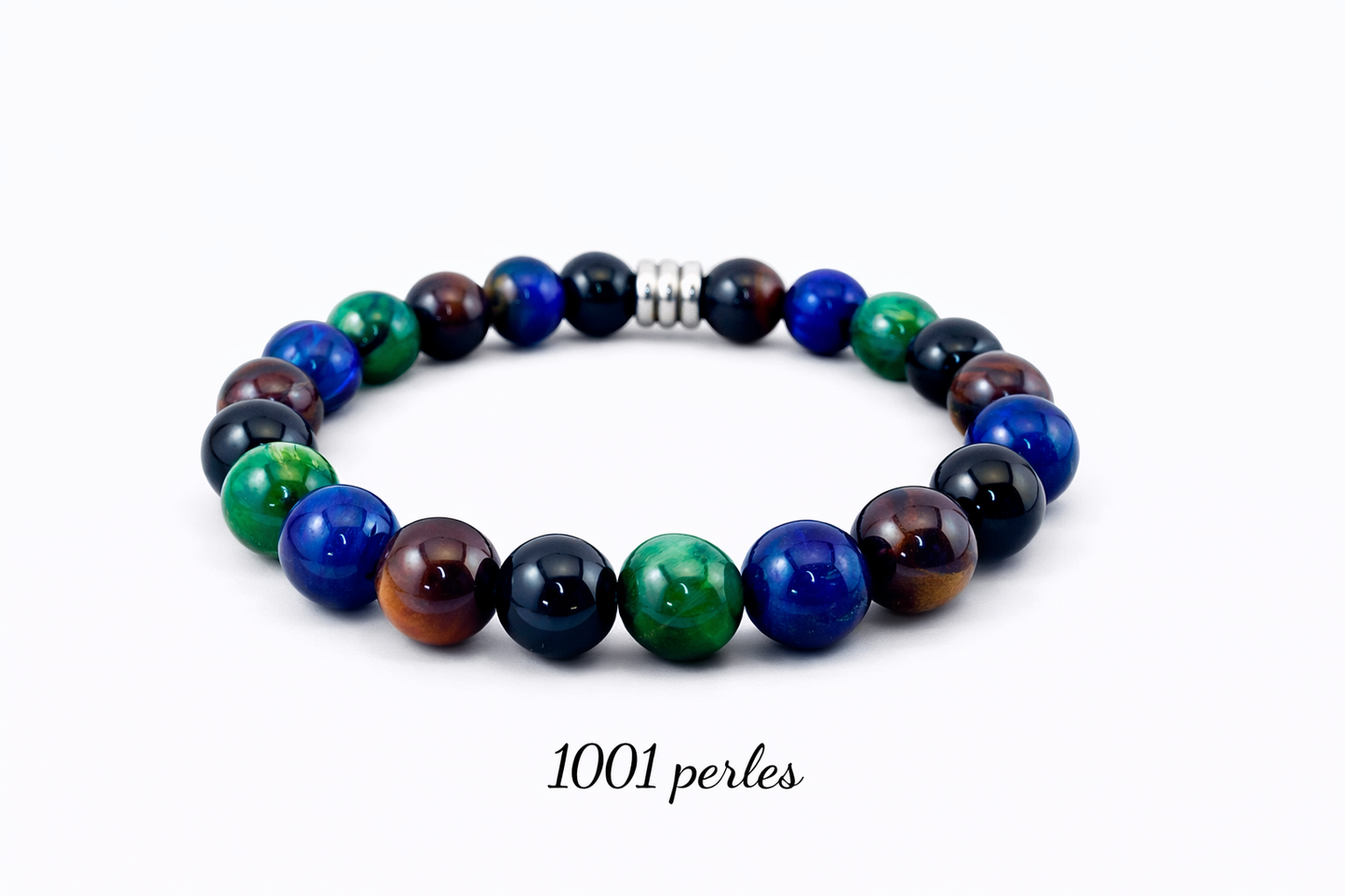 Bracelet homme en œil de tigre bleu, marron et vert – perles 10 mm