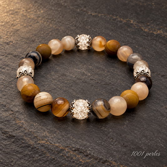 Bracelet agate fumée, jaspe et cristal sur ardoise – 1001 perles