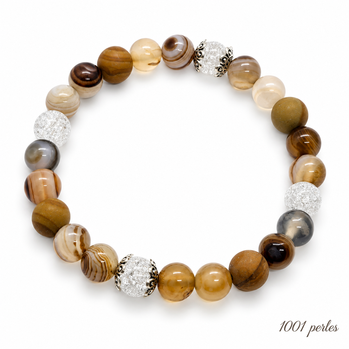 Bracelet agate fumée, jaspe et cristal sur fond blanc – 1001 perles