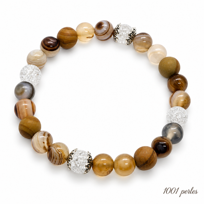 Bracelet agate fumée, jaspe et cristal sur fond blanc – 1001 perles