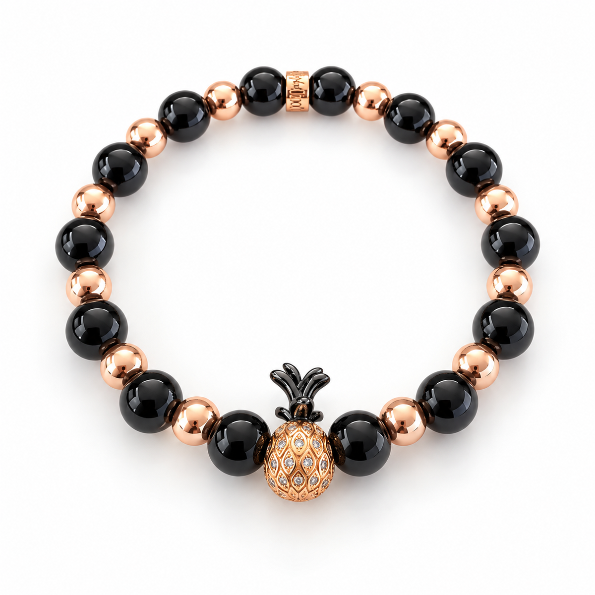 Bracelet Ananas en agate noire et hématite sur fond blanc