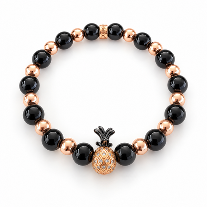 Bracelet Ananas en agate noire et hématite sur fond blanc