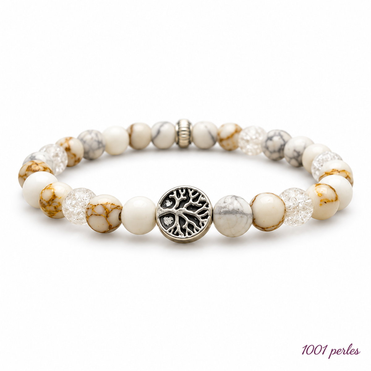 Bracelet Arbre argenté en howlite et cristal sur fond blanc – 1001 perles