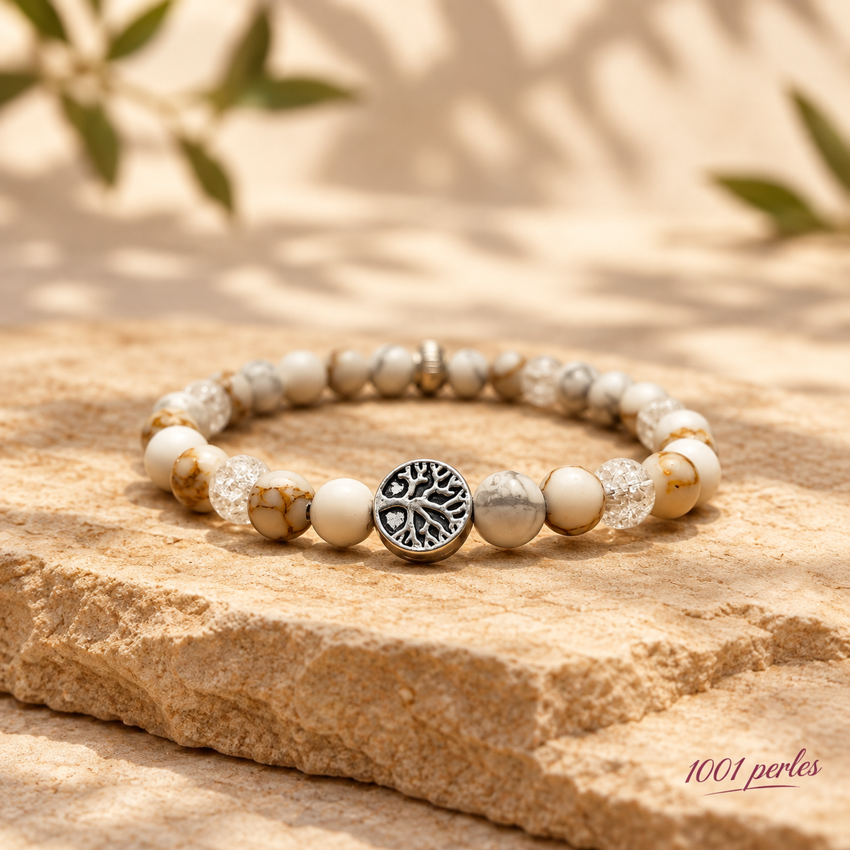Bracelet Arbre argenté en howlite et cristal sur pierre – 1001 perles