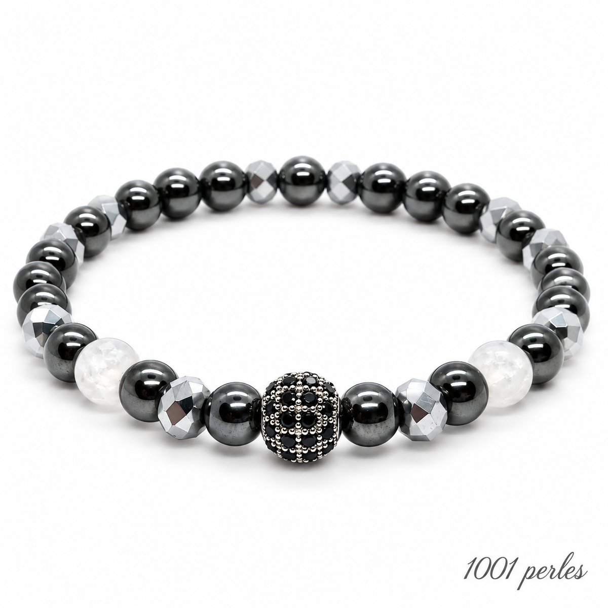 Bracelet Argenté en hématite sur fond blanc – 1001 perles
