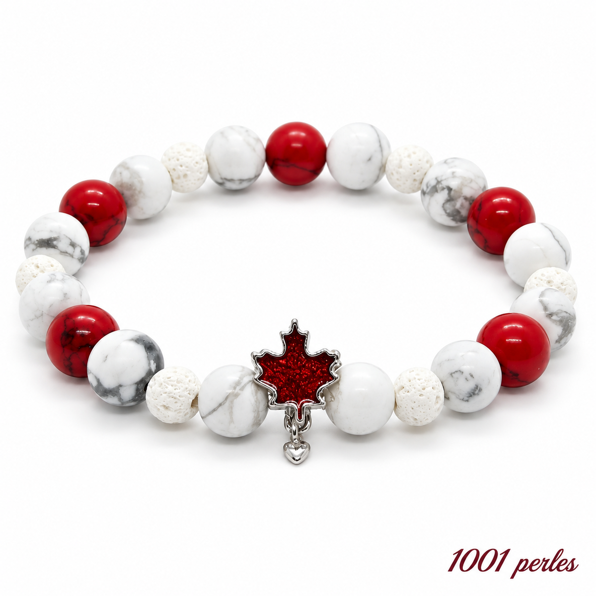 Bracelet Canada sur fond blanc, feuille d’érable rouge – 1001 perles