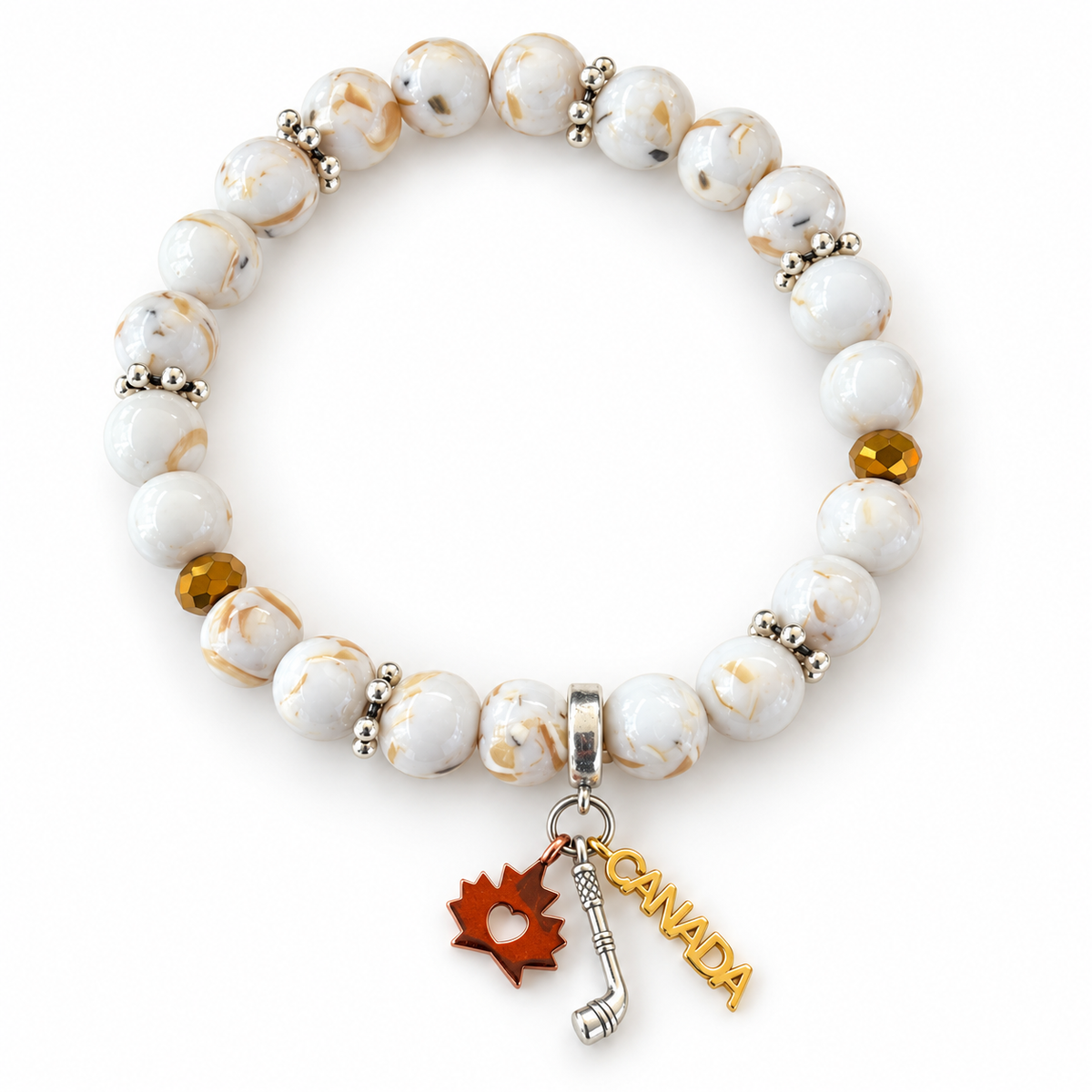 Bracelet Canada Cross en howlite blanche marbrée dorée sur fond blanc