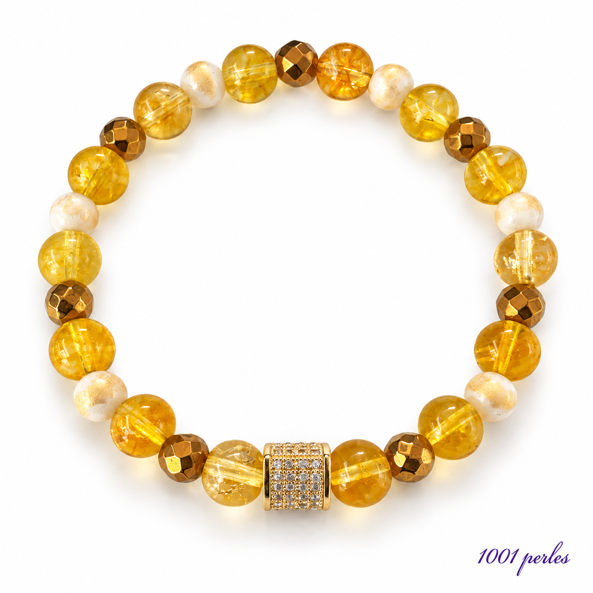 Bracelet Citrine et agate blanche sur fond blanc, signature 1001 perles