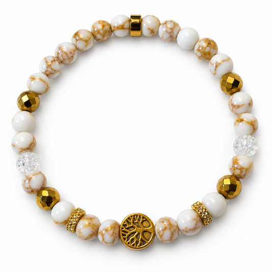 Bracelet Élégant blanc et doré avec arbre de vie sur fond blanc