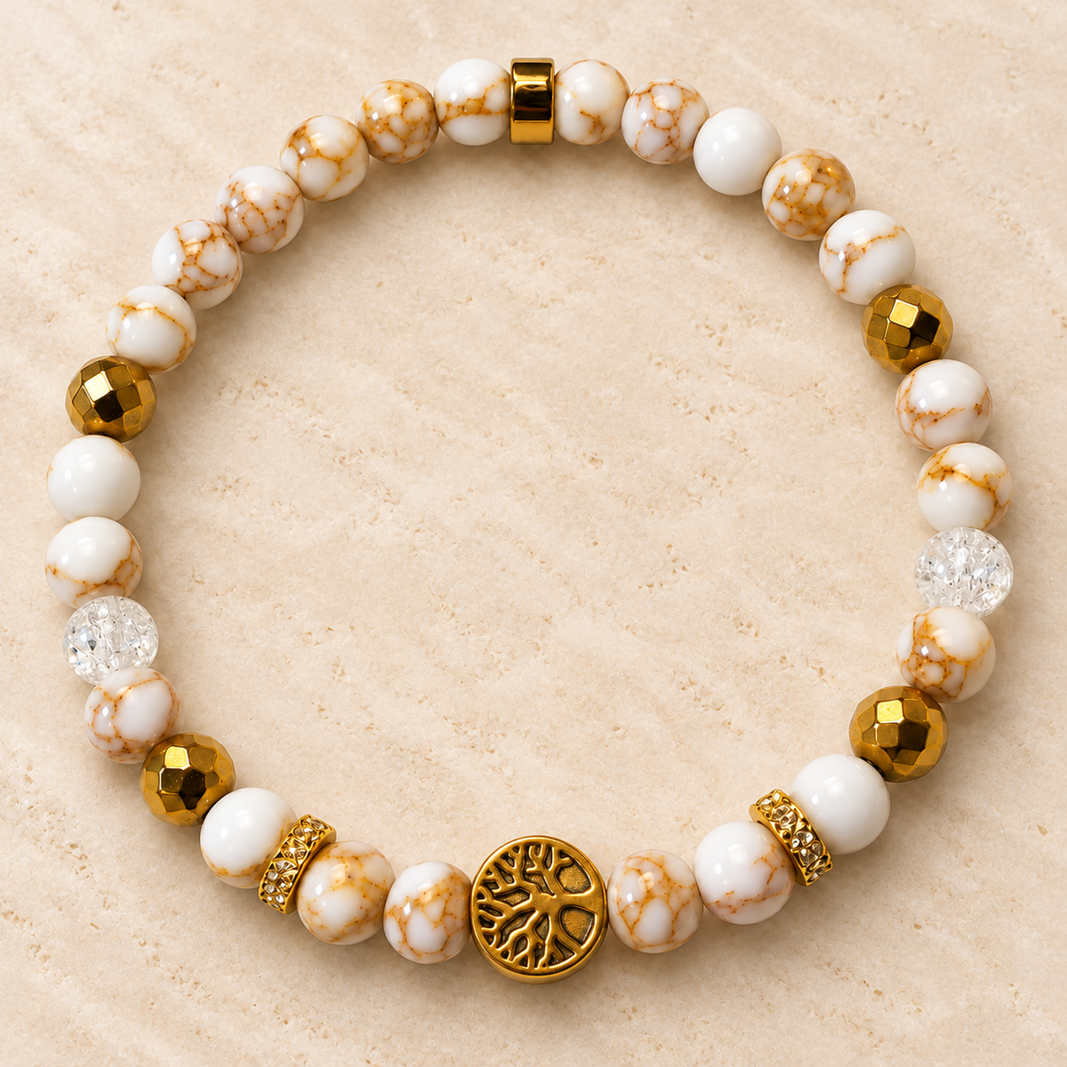 Bracelet Élégant blanc et doré avec arbre de vie sur fond ivoire chic