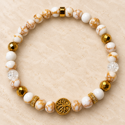 Bracelet Élégant blanc et doré avec arbre de vie sur fond ivoire chic
