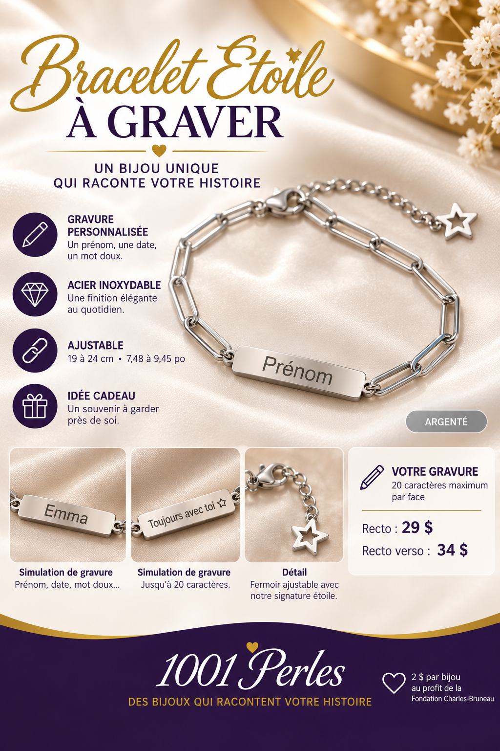 Bracelet Étoile argenté à graver — recto 29 $, recto verso 34 $ — 1001 Perles