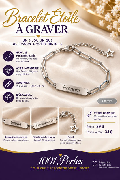 Bracelet Étoile argenté à graver — recto 29 $, recto verso 34 $ — 1001 Perles