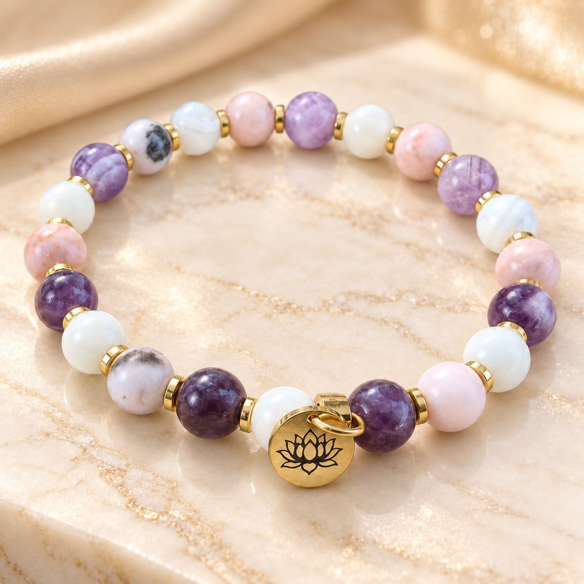 Bracelet Fleur de lotus en améthyste, jaspe rose et coquillage sur fond luxueux