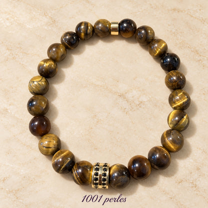Bracelet en œil de tigre 8 mm sur fond chic, signature 1001 perles