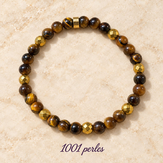 Bracelet en œil de tigre brillant 6 mm, fond chic et signature 1001 perles