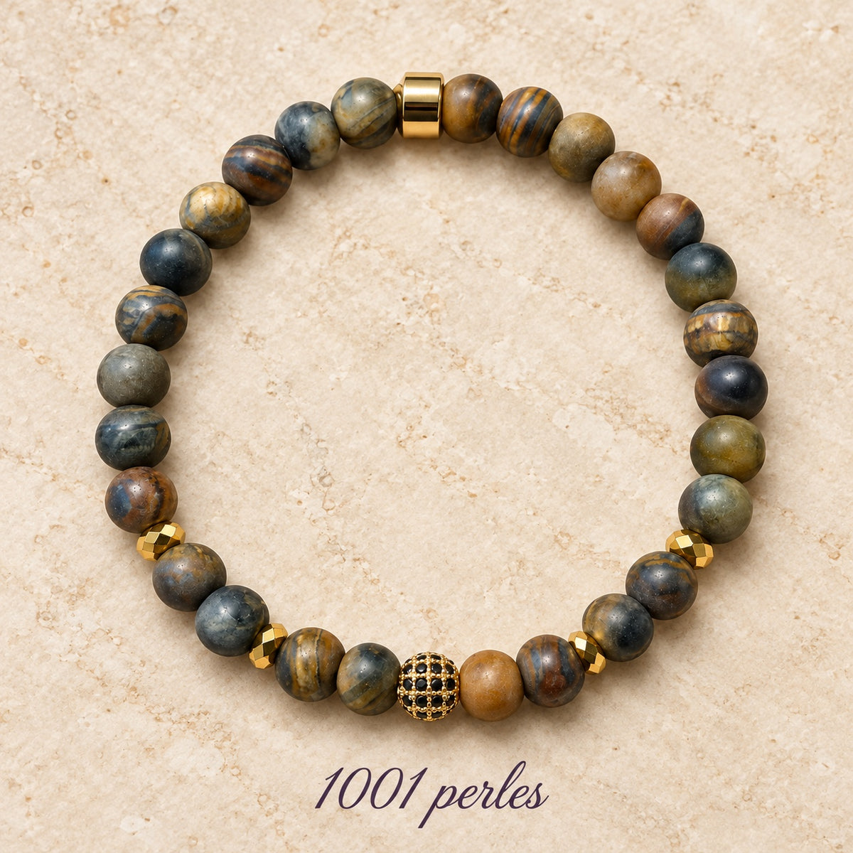 Bracelet en œil de tigre mat 6 mm, fond chic et signature 1001 perles