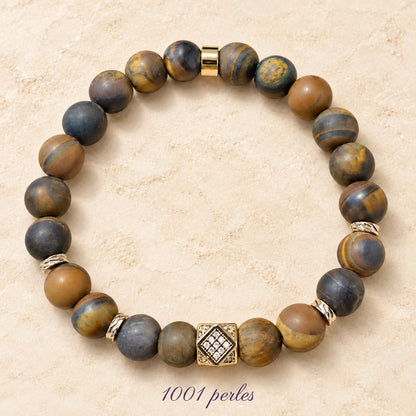 Bracelet en œil de tigre mat 8 mm sur fond chic, signature 1001 perles