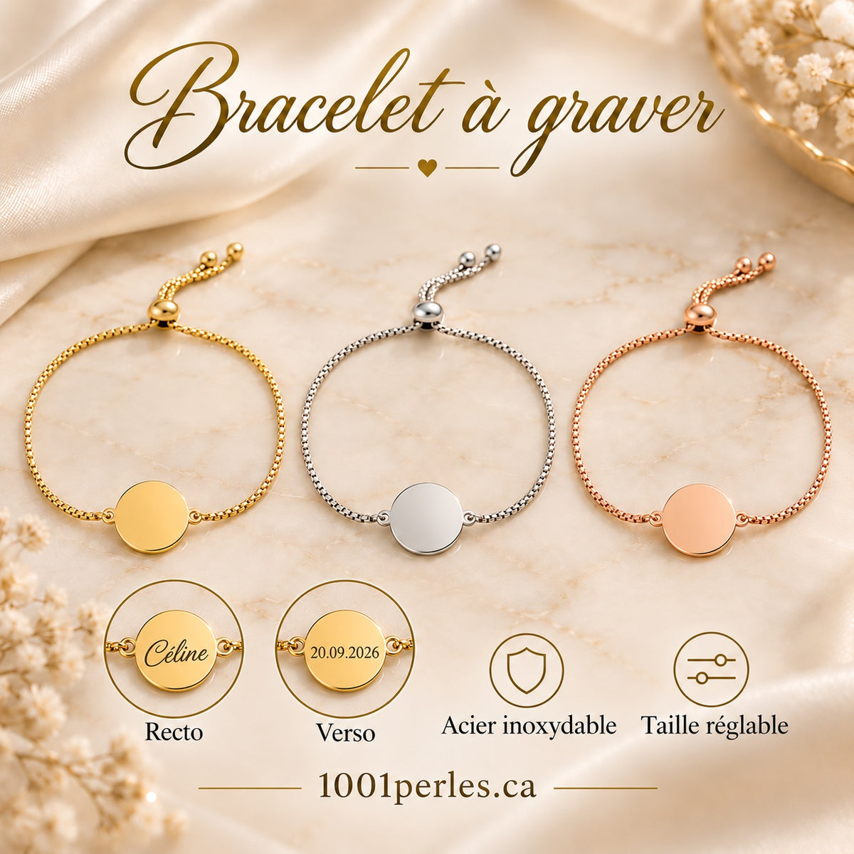 Bracelet personnalisable à graver en or, argent et or rose