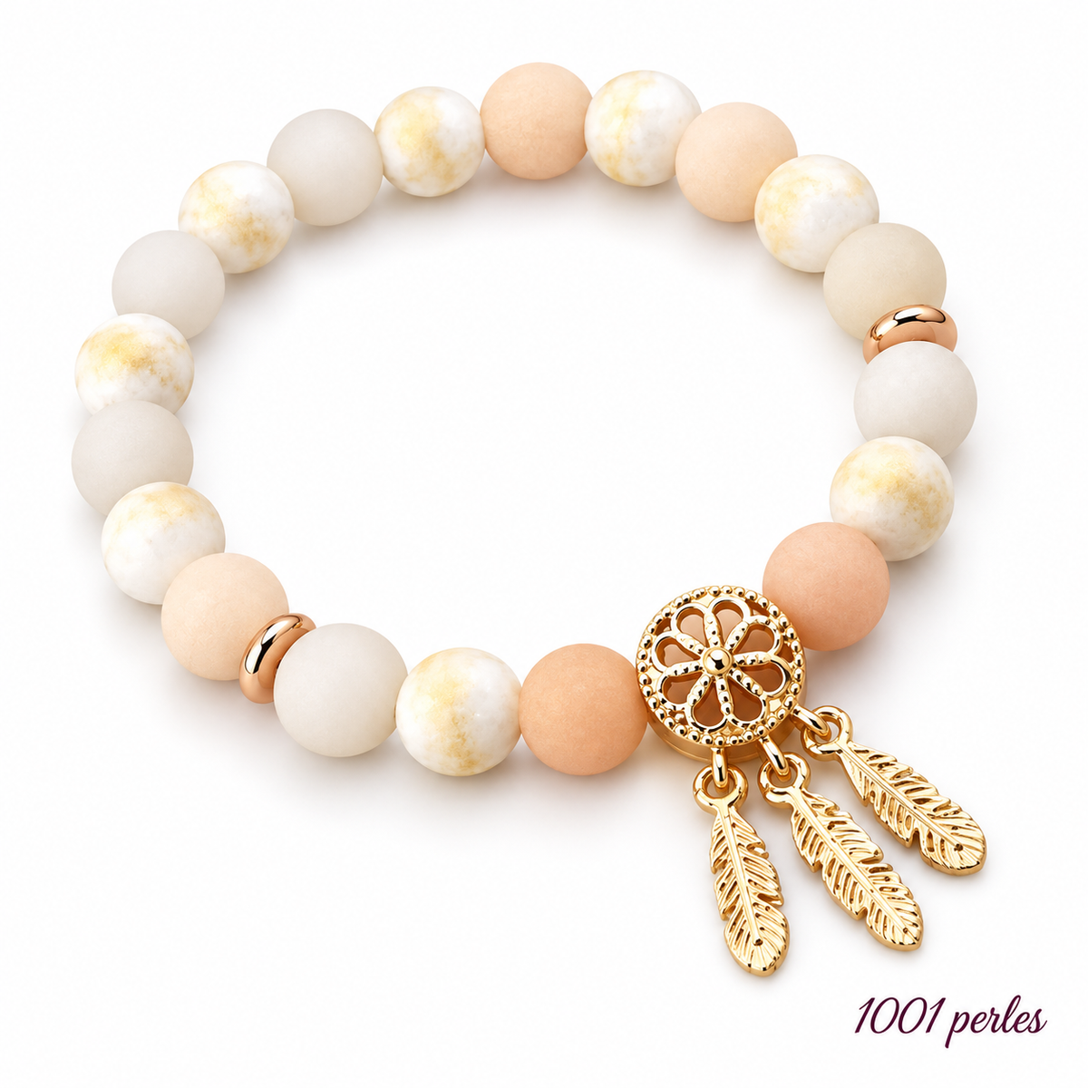 Bracelet Rêve avec attrape-rêve doré sur fond blanc – 1001 perles