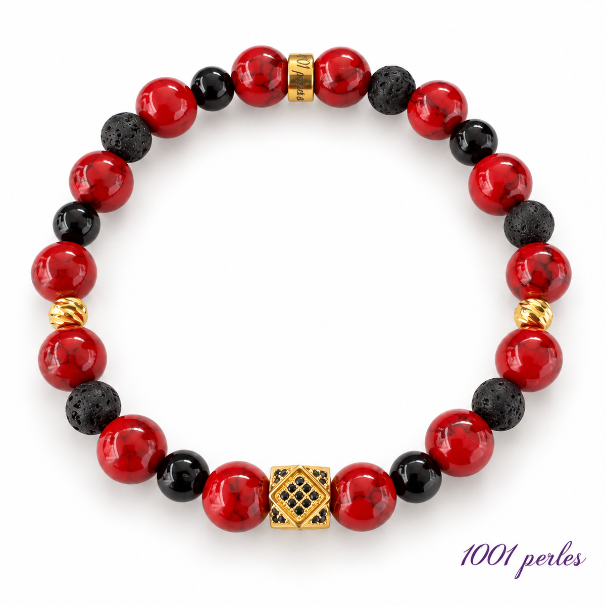 Bracelet Rouge en howlite rouge, agate noire et pierre de lave sur fond blanc, signature 1001 perles