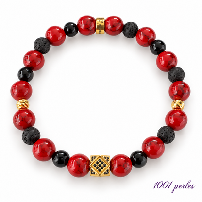 Bracelet Rouge en howlite rouge, agate noire et pierre de lave sur fond blanc, signature 1001 perles
