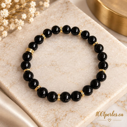 Bracelet en tourmaline noire avec séparateurs dorés – 1001 Perles