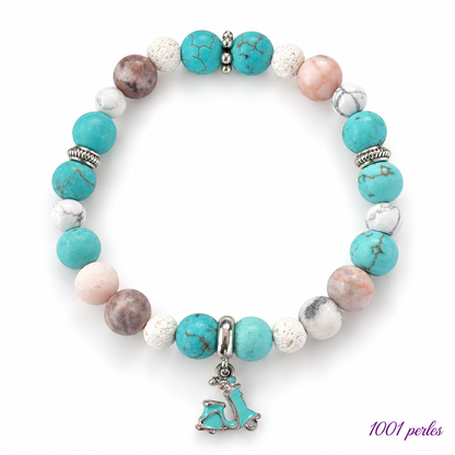 Bracelet Vespa en howlite turquoise, jaspe rose et pierre de lave sur fond blanc, signature 1001 perles