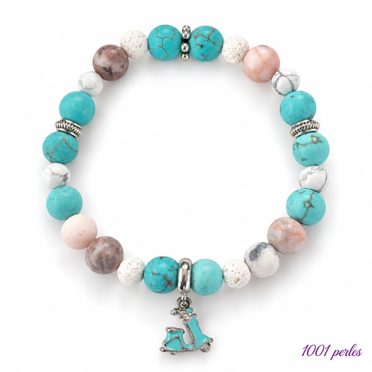 Bracelet Vespa en howlite turquoise, jaspe rose et pierre de lave sur fond blanc, signature 1001 perles