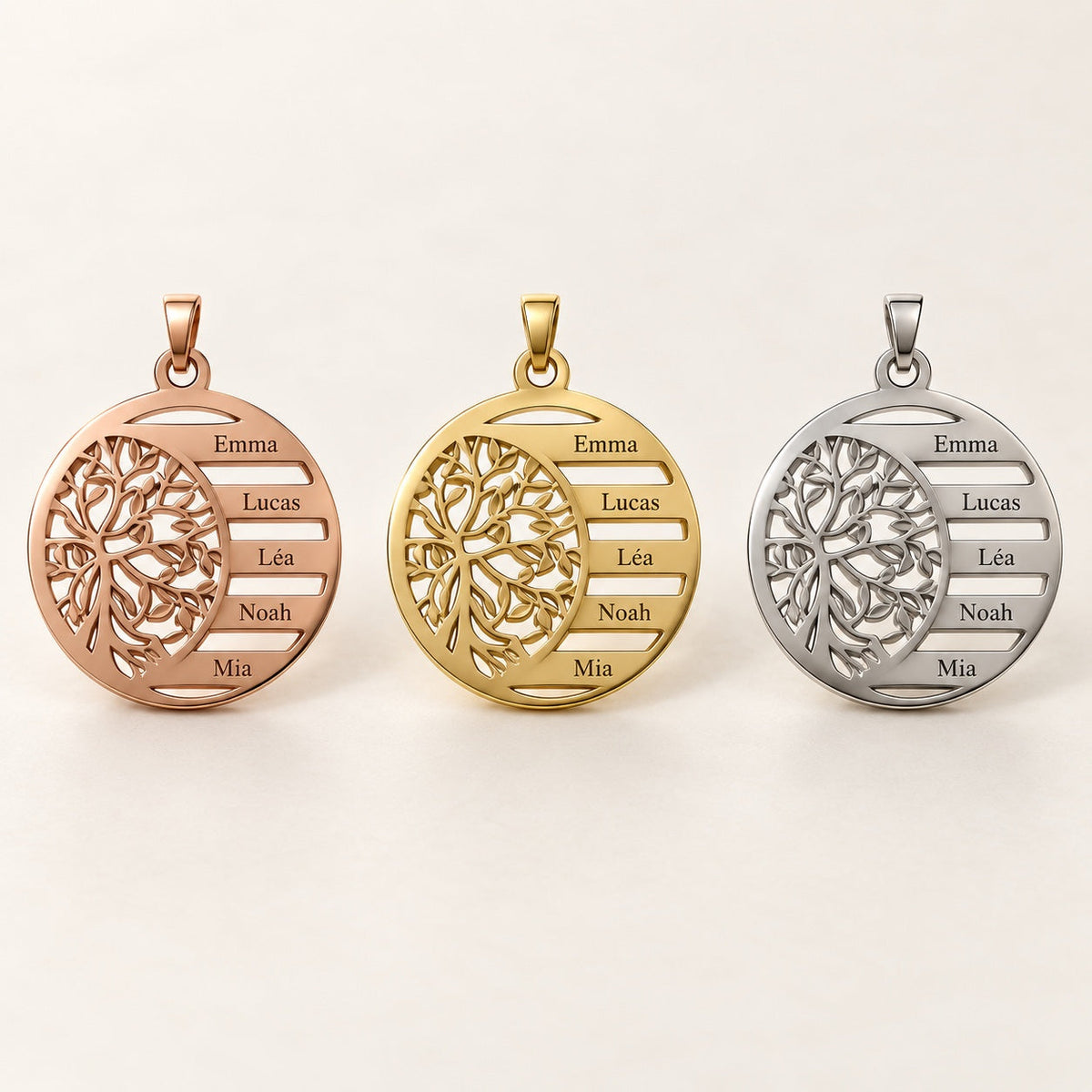 Collier arbre de vie, trois couleurs et cinq exemples de prénoms