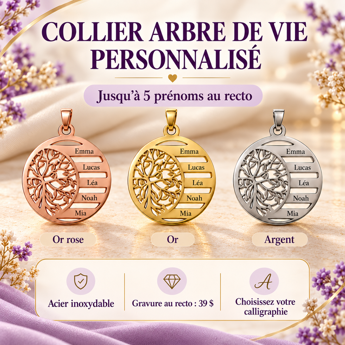 Collier arbre de vie personnalisé, or rose, or et argent, jusqu’à cinq prénoms gravés au recto, acier inoxydable, 39 $
