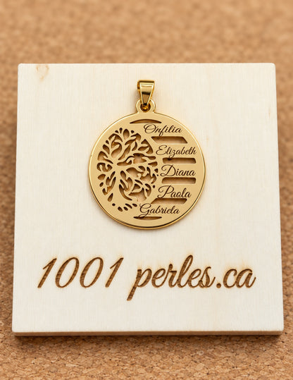 Pendentif arbre de vie doré gravé avec cinq prénoms