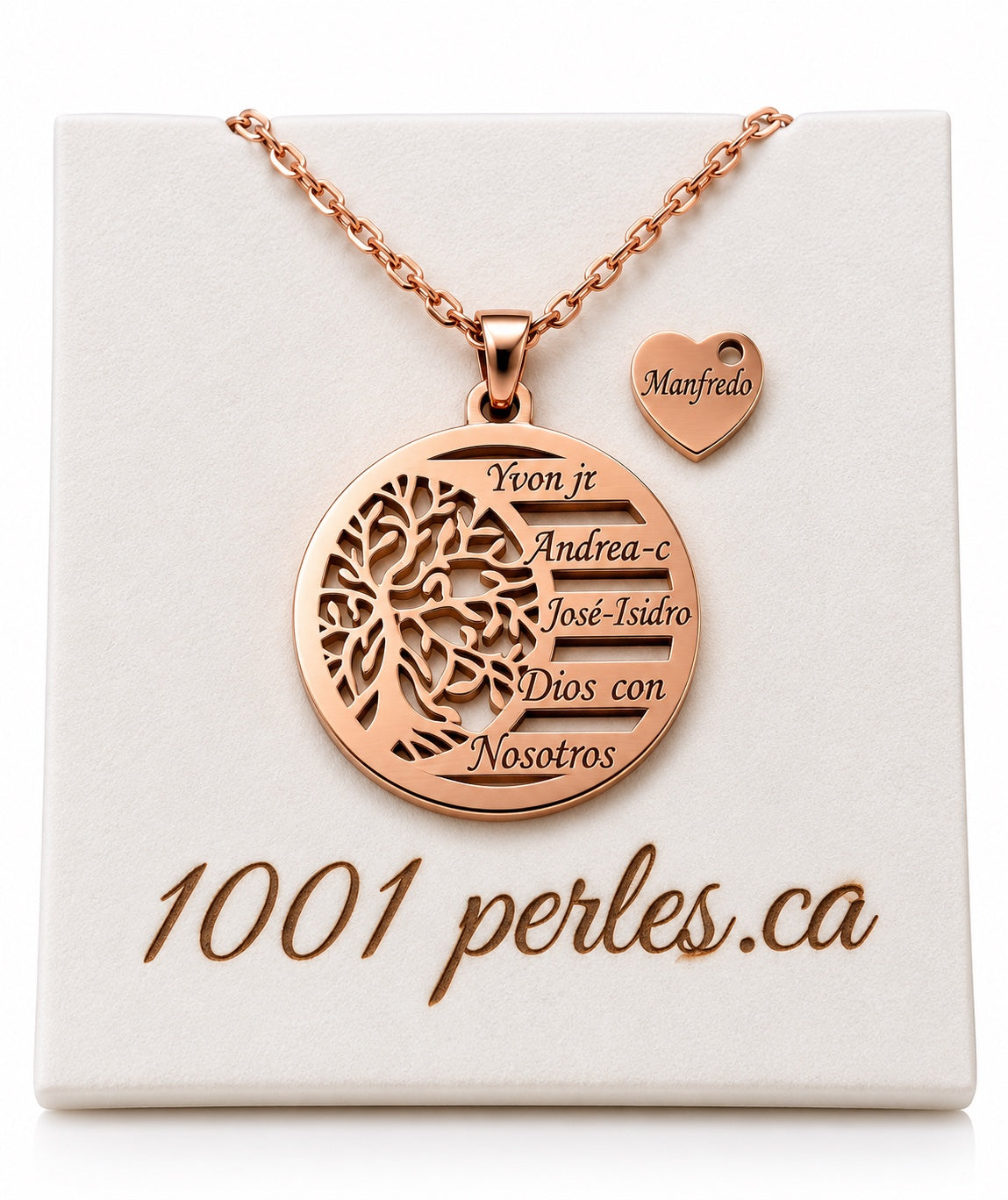 Collier arbre de vie en or rose avec cinq lignes gravées