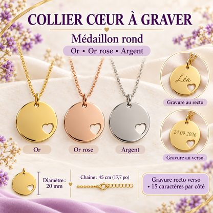 Collier cœur ajouré à graver 20 mm : or, or rose et argent, exemples de gravure recto verso
