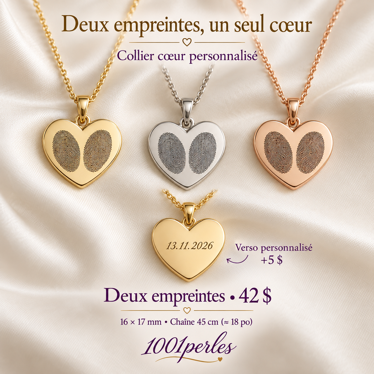 Collier cœur personnalisé 16 × 17 mm avec deux empreintes digitales, trois finitions