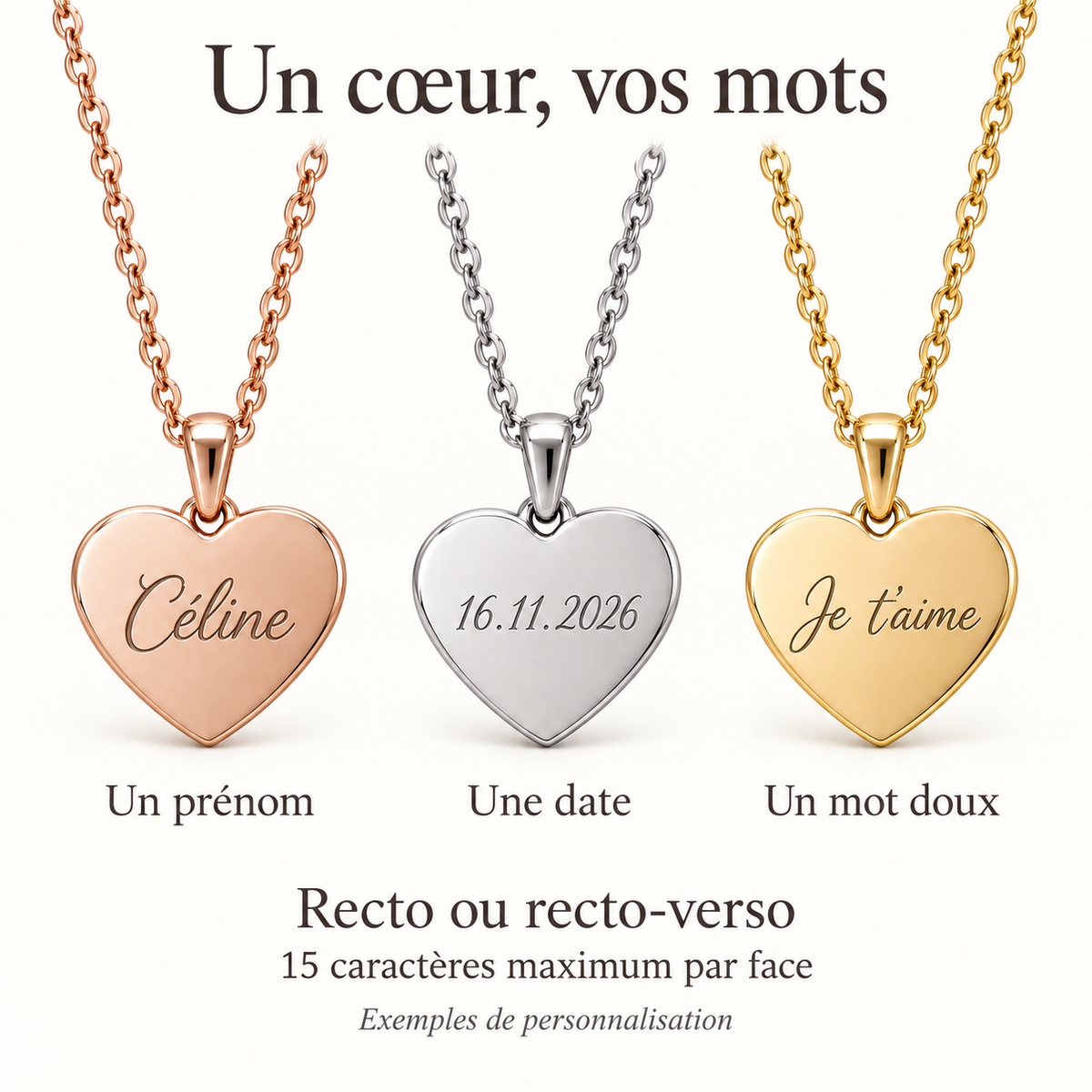 Exemples de gravure sur collier cœur : prénom, date et mot doux, 15 caractères maximum par face