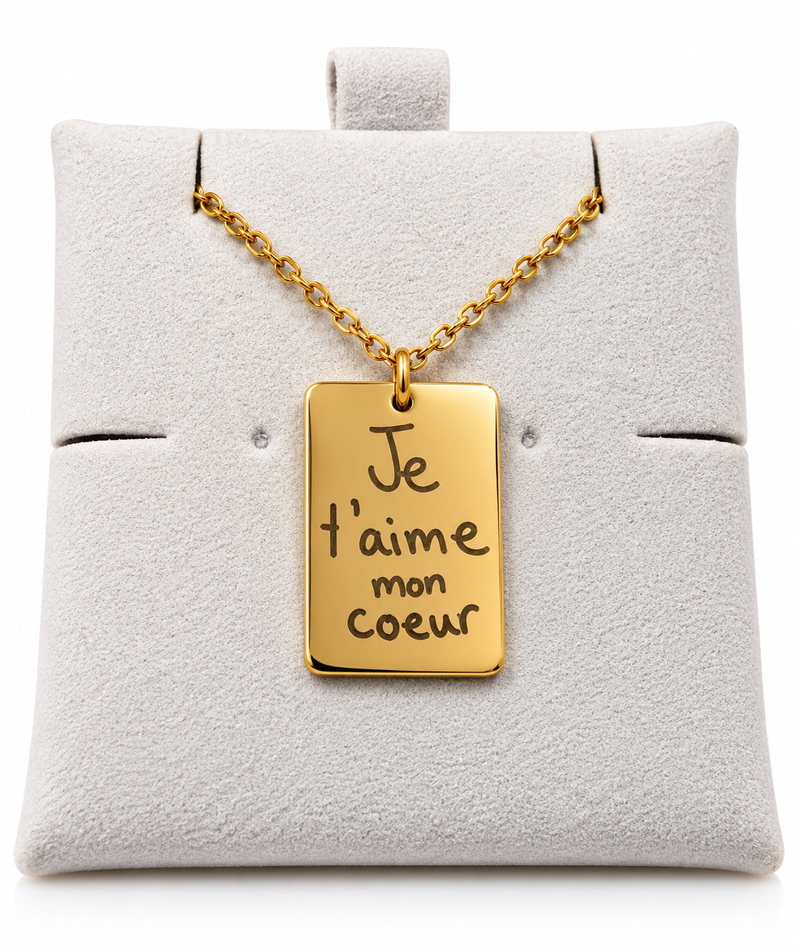 Collier médaillon rectangle doré avec message manuscrit gravé Je t’aime mon cœur