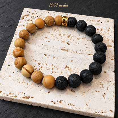 Bracelet homme jaspe naturel et pierre de lave 10 mm sur fond de pierre sombre, seconde vue