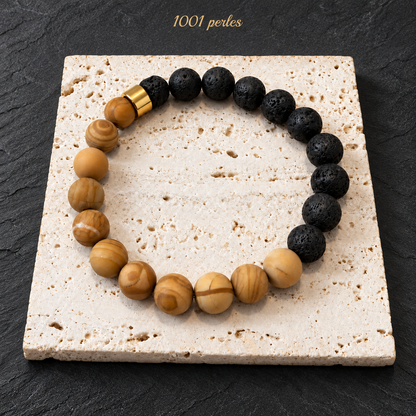 Bracelet homme jaspe naturel et pierre de lave 10 mm sur fond de pierre sombre, vue de face